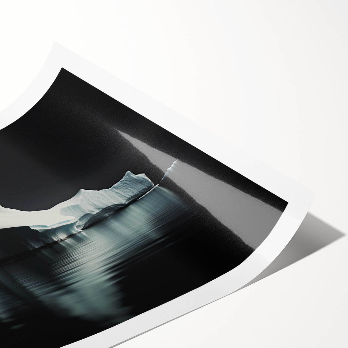Rolled print showcasing a stunning iceberg landscape design, featuring vibrant blues and whites, ideal for modern home decor and wall art collections.