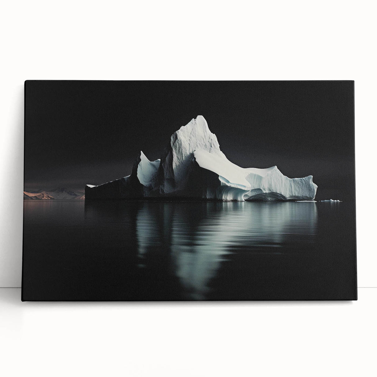 Stretched canvas artwork displaying a serene iceberg landscape design, featuring cool blue tones and textured details, ideal for modern home decor.