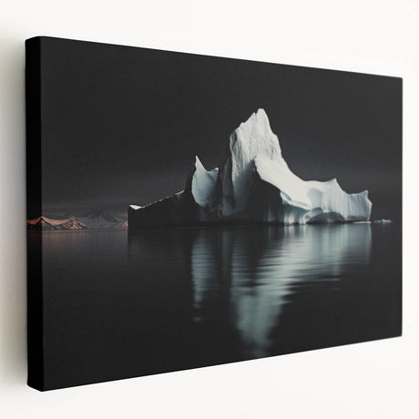 Stretched canvas artwork showcasing a vibrant iceberg landscape design in shades of blue and white, ideal for modern home decor or office ambiance.
