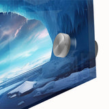 Close-up of a vibrant acrylic glass artwork featuring a stunning iceberg landscape design, showcasing intricate details and rich colors, ideal for modern home decor.