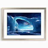 Framed wall art featuring a stunning iceberg landscape design, presented with a silver frame and mat, ideal for modern home decor and accentuating any room.