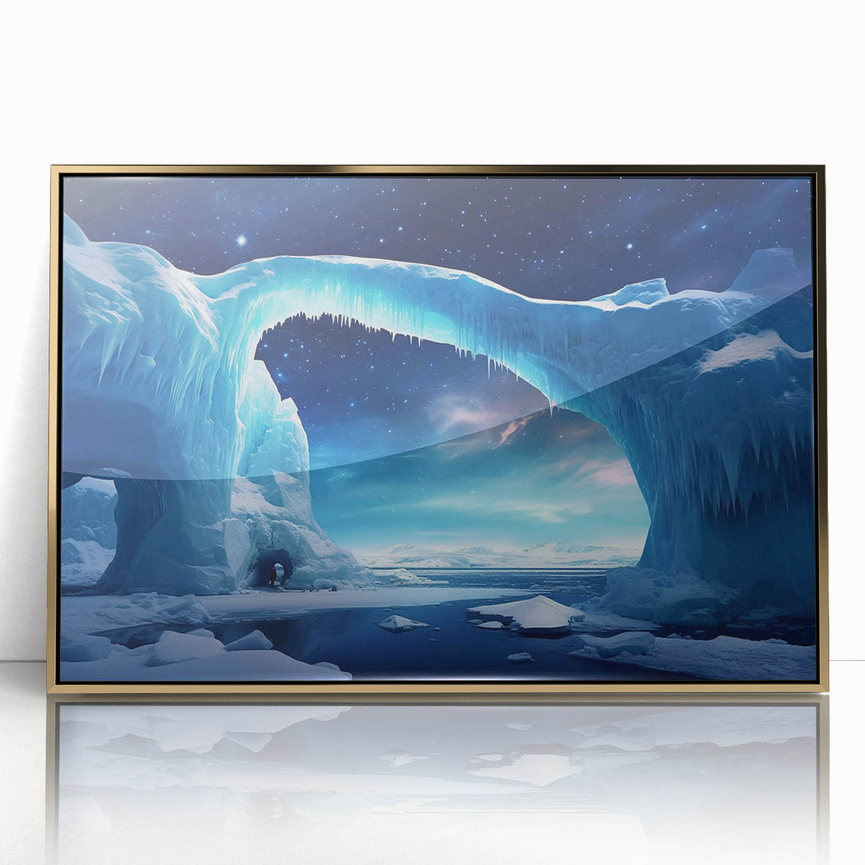 Framed acrylic wall art showcasing a striking iceberg landscape design in gold tones, perfect for home decor. Ideal for modern interiors and art enthusiasts.