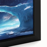 Close-up of a framed canvas wall art piece showcasing a stunning iceberg landscape design, featuring vibrant blues and whites, perfect for modern home decor.