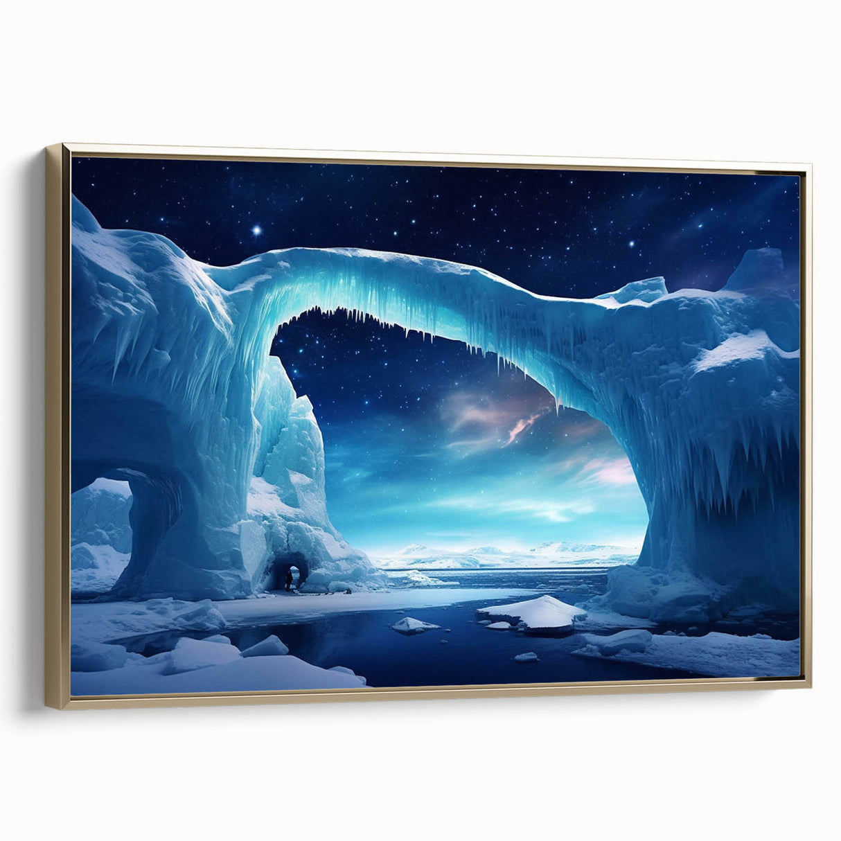 Framed canvas art depicting a stunning iceberg landscape design, featuring cool blue hues and gold accents, ideal for modern home decor in a side view.