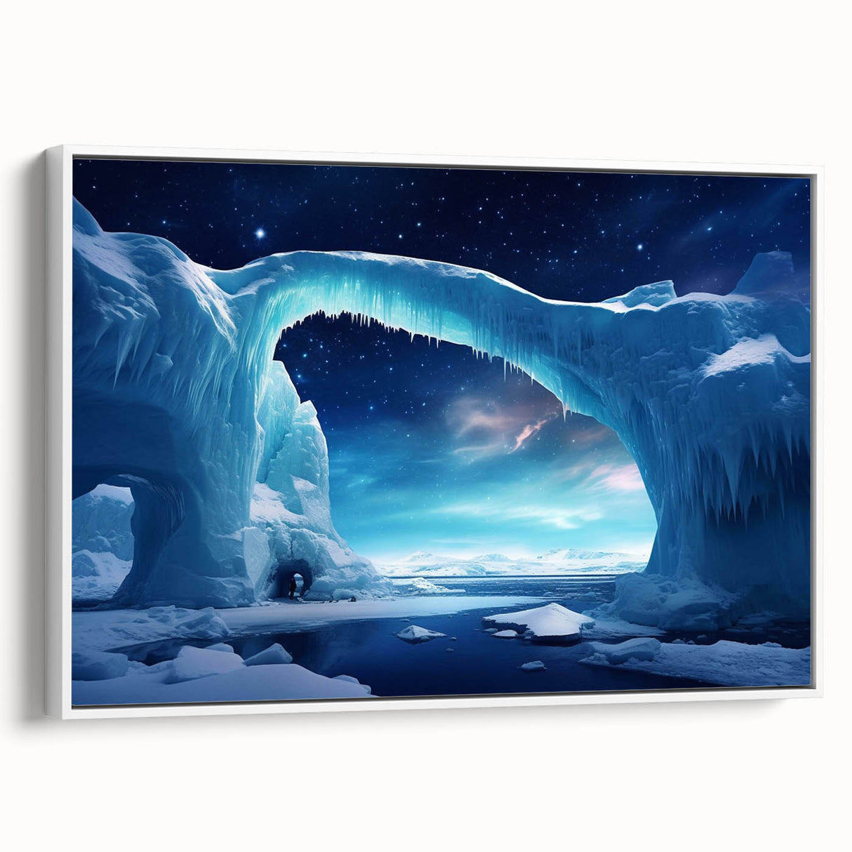 Framed canvas artwork showcasing a stunning iceberg landscape design in shades of blue and white, displayed from a side view to highlight its depth and texture. Ideal for modern home decor, this piece adds a serene, icy ambiance to any room.