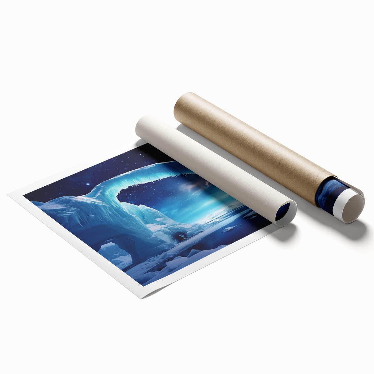 Vibrant rolled wall art print showcasing a stunning iceberg landscape design, featuring icy blues and whites, perfect for modern home decor.