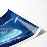 Vibrant rolled print of a dramatic iceberg landscape featuring shades of blue and white, perfect for adding a serene touch to any modern decor.
