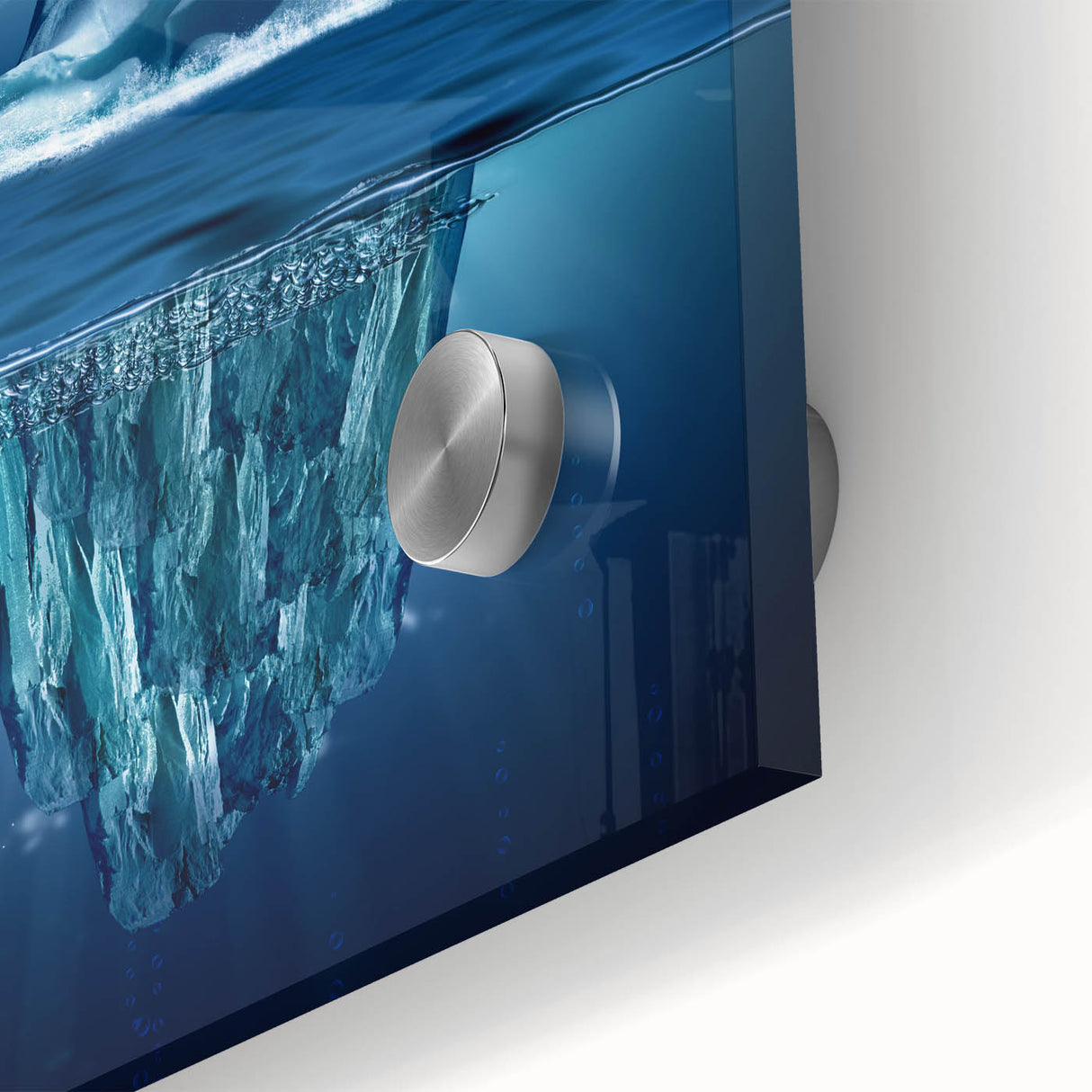 Close-up of a vibrant acrylic glass artwork showcasing an iceberg landscape design, featuring intricate details and a stunning blue color palette, perfect for modern home decor.