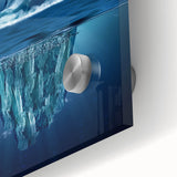 Close-up of a vibrant acrylic glass artwork showcasing an iceberg landscape design, featuring intricate details and a stunning blue color palette, perfect for modern home decor.