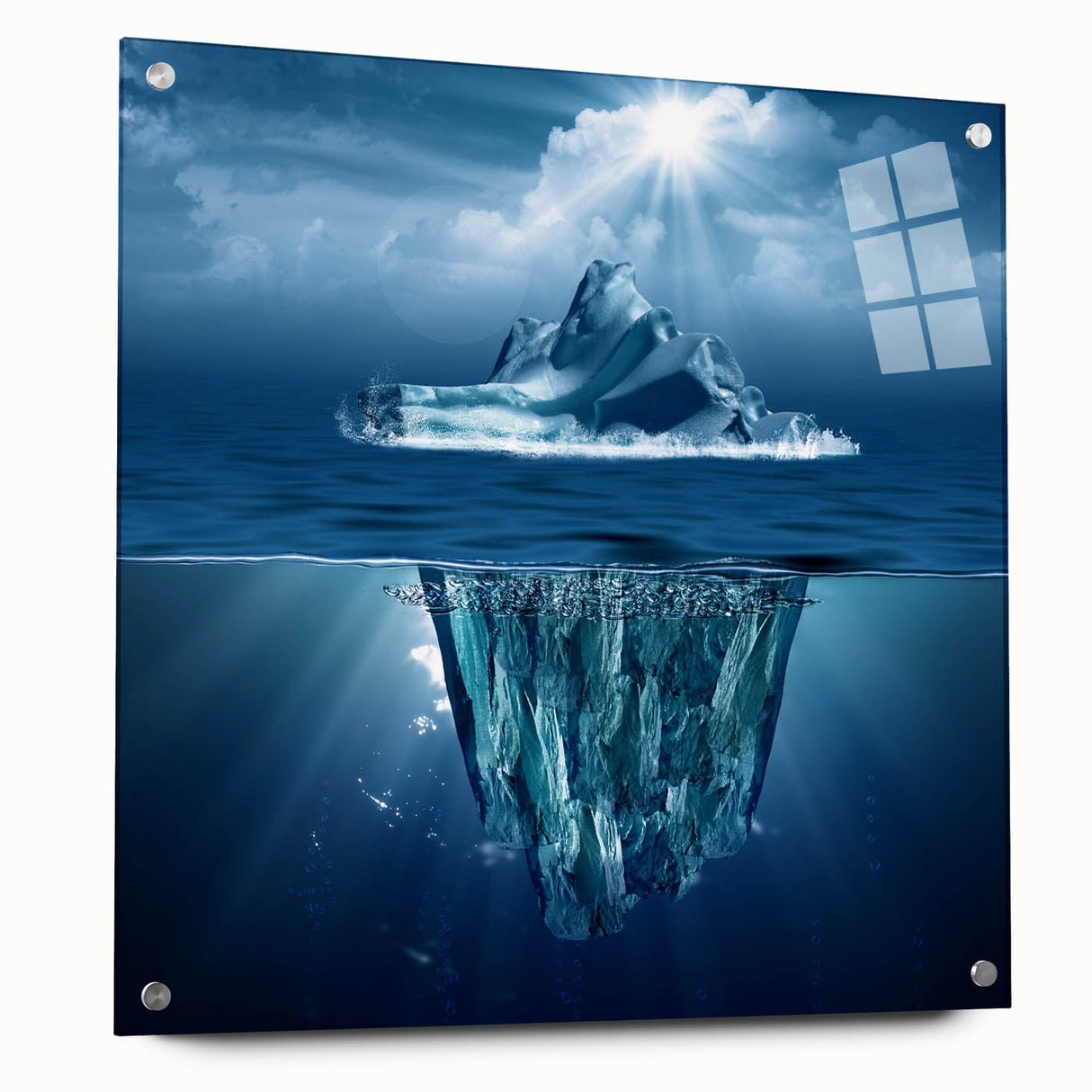 Acrylic glass wall art featuring a stunning iceberg landscape design, showcasing vibrant blues and whites with a side view display and decorative pins for easy hanging. Perfect for modern home decor enthusiasts looking to enhance their space with nature-inspired artwork.