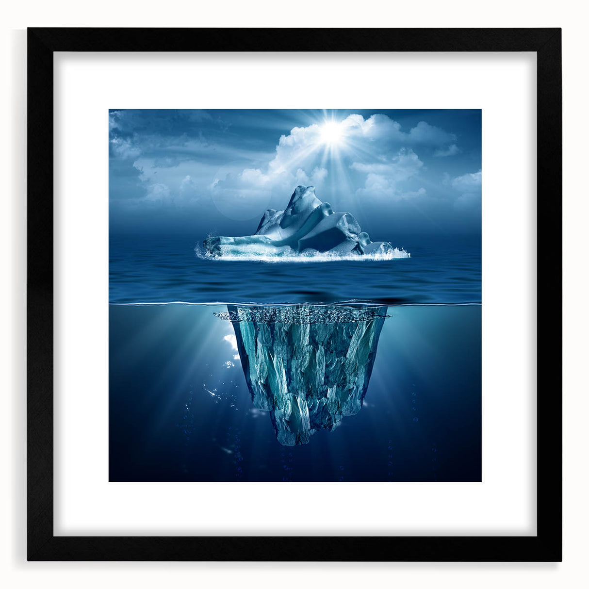 Black-framed wall art featuring a stunning iceberg landscape design, showcasing vibrant blues and whites, perfect for adding a touch of nature to modern decor.