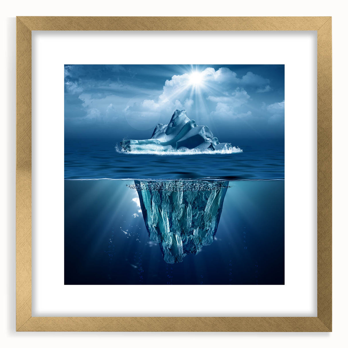 Framed wall art showcasing a captivating iceberg landscape design in vibrant blues and whites, accented with a gold frame and mat, ideal for modern decor.