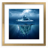 Framed wall art showcasing a captivating iceberg landscape design in vibrant blues and whites, accented with a gold frame and mat, ideal for modern decor.