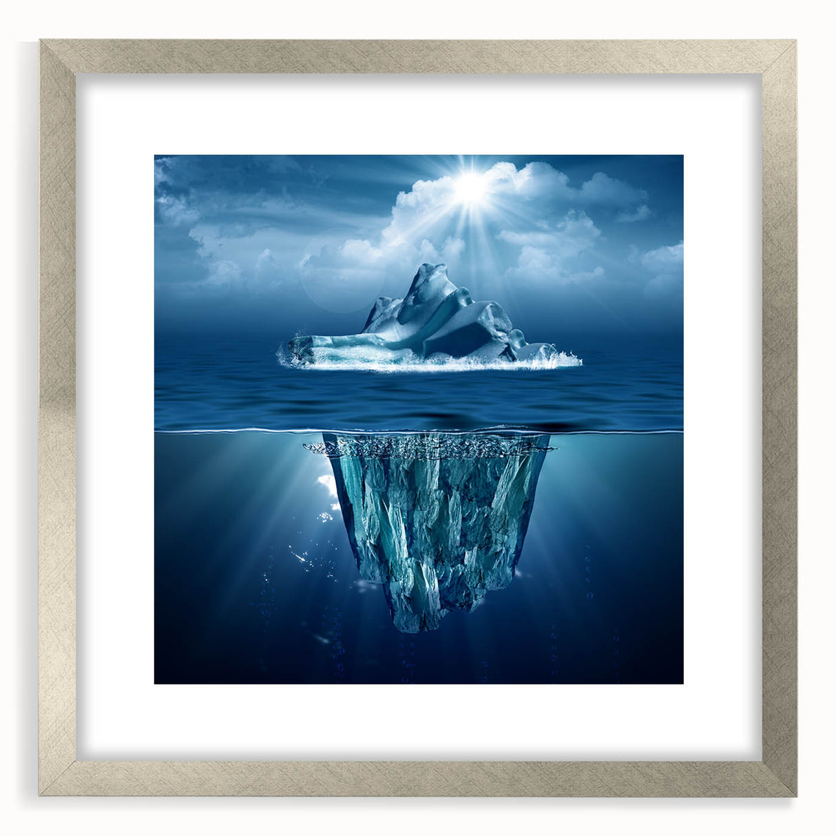 Framed wall art depicting a stunning iceberg landscape design, featuring a silver frame with matting, perfect for enhancing modern home decor aesthetics.