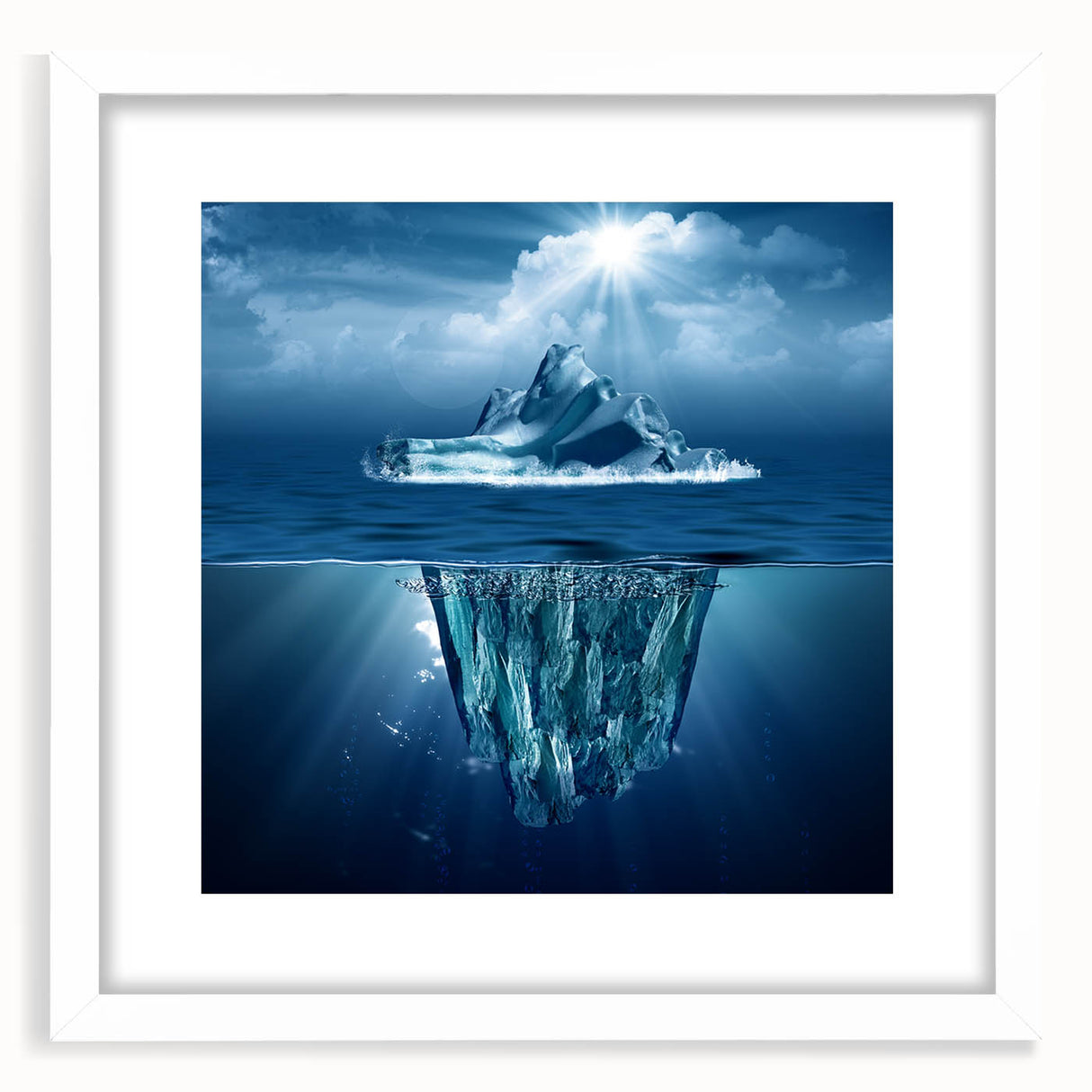 Framed wall art depicting a stunning iceberg landscape in a white mat, showcasing icy blues and crisp whites, perfect for modern home décor.