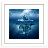 Framed wall art depicting a stunning iceberg landscape in a white mat, showcasing icy blues and crisp whites, perfect for modern home décor.