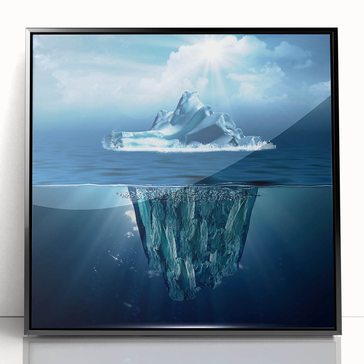 Framed wall art featuring a stunning iceberg design in vibrant blues and whites, showcasing intricate details and textures, perfect for modern home decor.