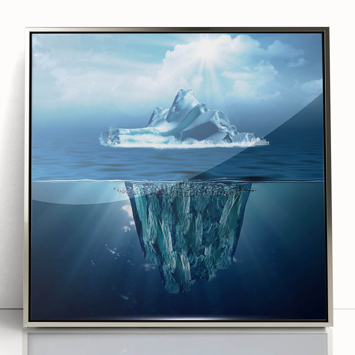 Framed acrylic wall art featuring a stunning iceberg landscape design in silver, showcasing intricate details and vibrant colors, ideal for modern home decor.