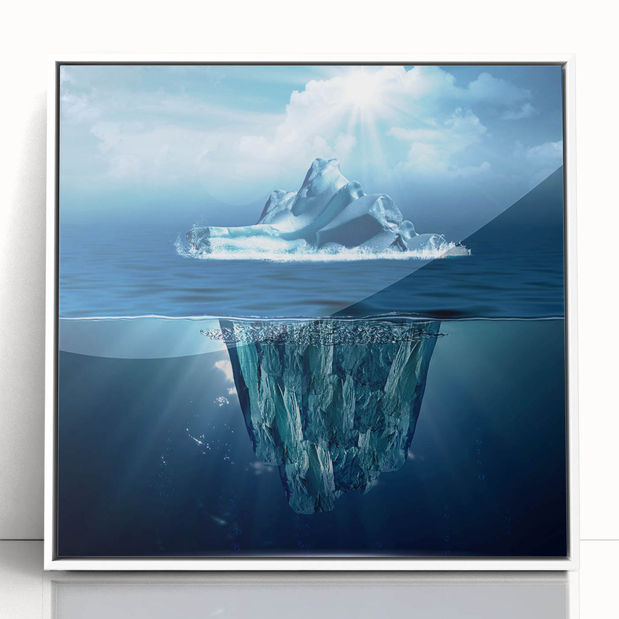 Framed acrylic wall art showcasing a stunning iceberg landscape design with serene blue tones and white accents, perfect for modern home decor.