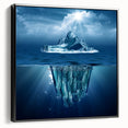 Framed wall art featuring a serene iceberg landscape design in a black frame, showcasing shades of blue and white, perfect for modern home decor.