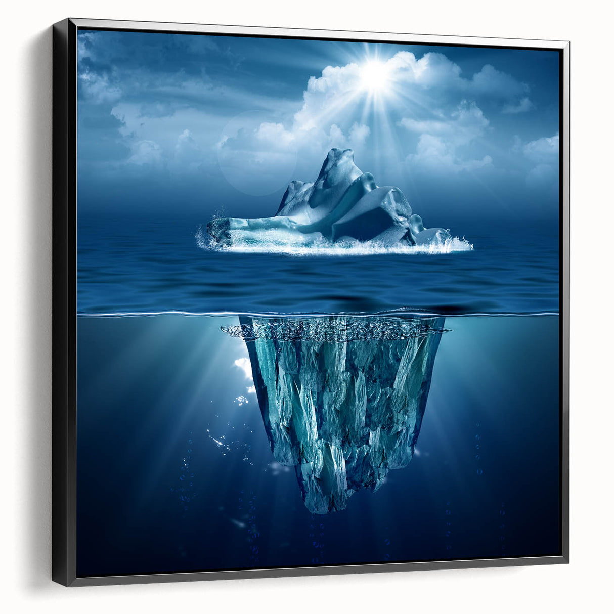 Framed wall art featuring a serene iceberg landscape design in a black frame, showcasing shades of blue and white, perfect for modern home decor.