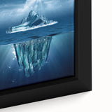 Close-up of a framed canvas wall art piece depicting a serene iceberg landscape, showcasing vibrant blues and whites, perfect for modern home decor.