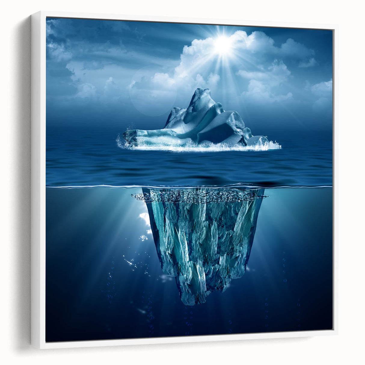 Framed canvas wall art featuring a striking iceberg design in soothing blue and white tones, showcasing a side view with intricate details, perfect for modern decor.