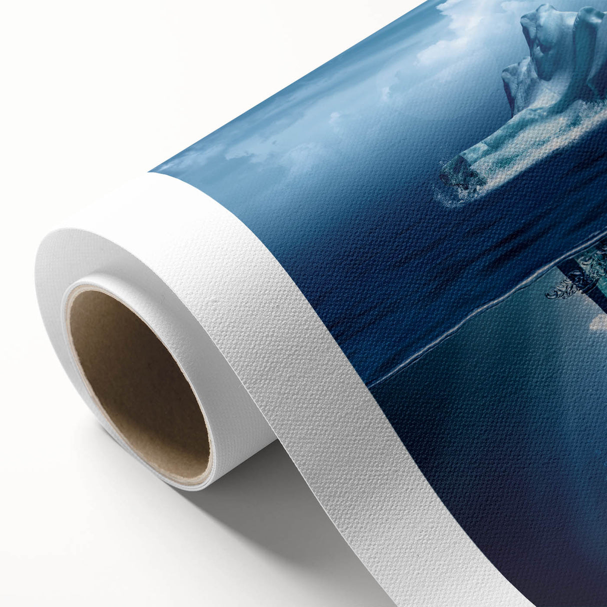 Stunning rolled canvas wall art showcasing an iceberg landscape design, featuring vivid blues and whites, elegantly packaged in a durable tube for safe delivery.