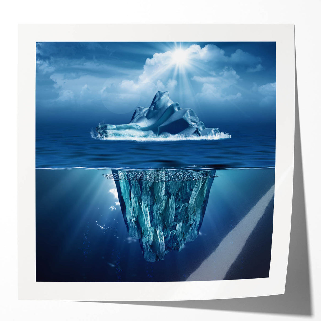 Stunning rolled print of an iceberg landscape design, showcasing vibrant blue and white hues, perfect for modern home decor. Packaged securely in a cardboard tube for safe delivery.