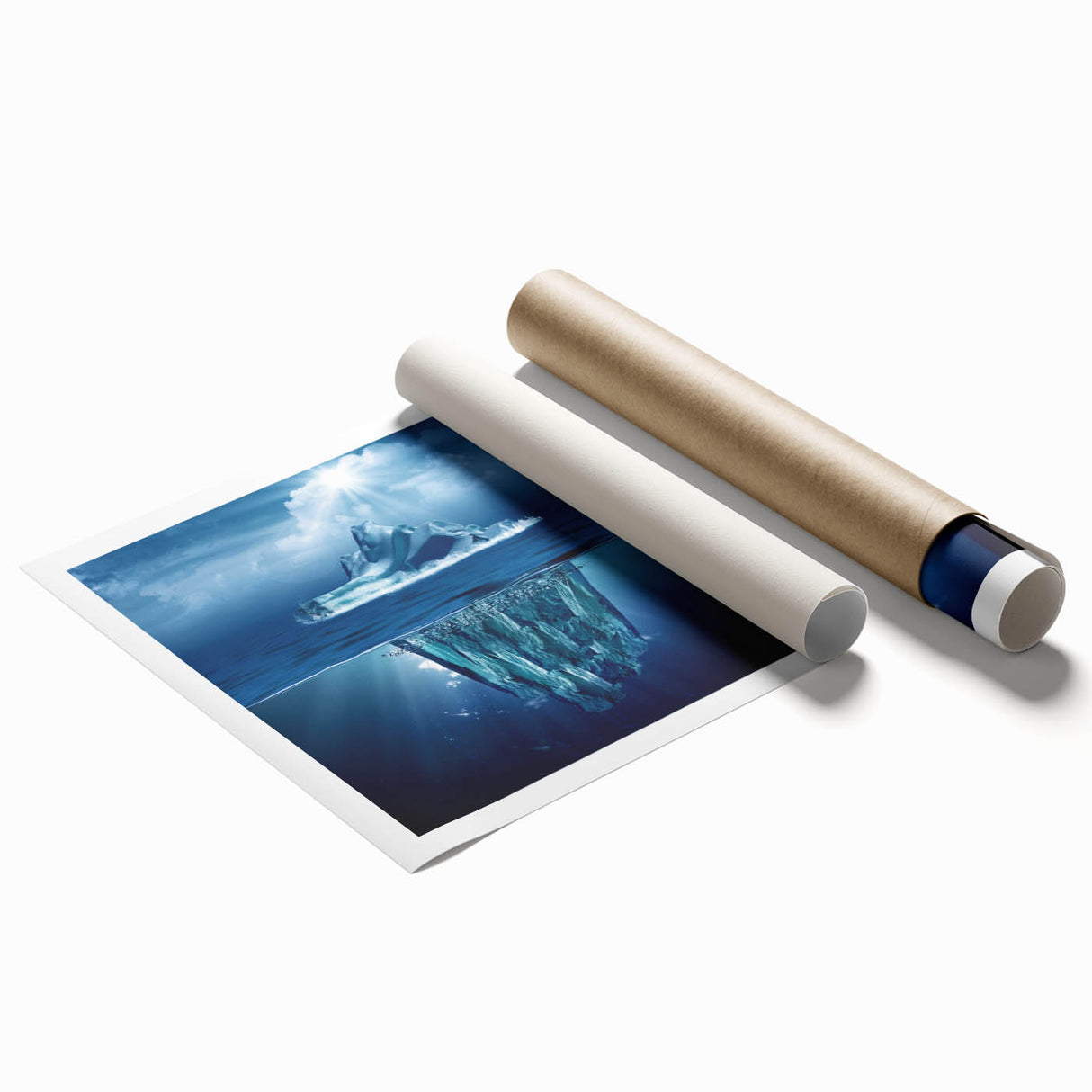 Stunning rolled print of an iceberg landscape design showcasing vibrant blues and whites, ideal for modern home decor, carefully packaged for safe delivery.