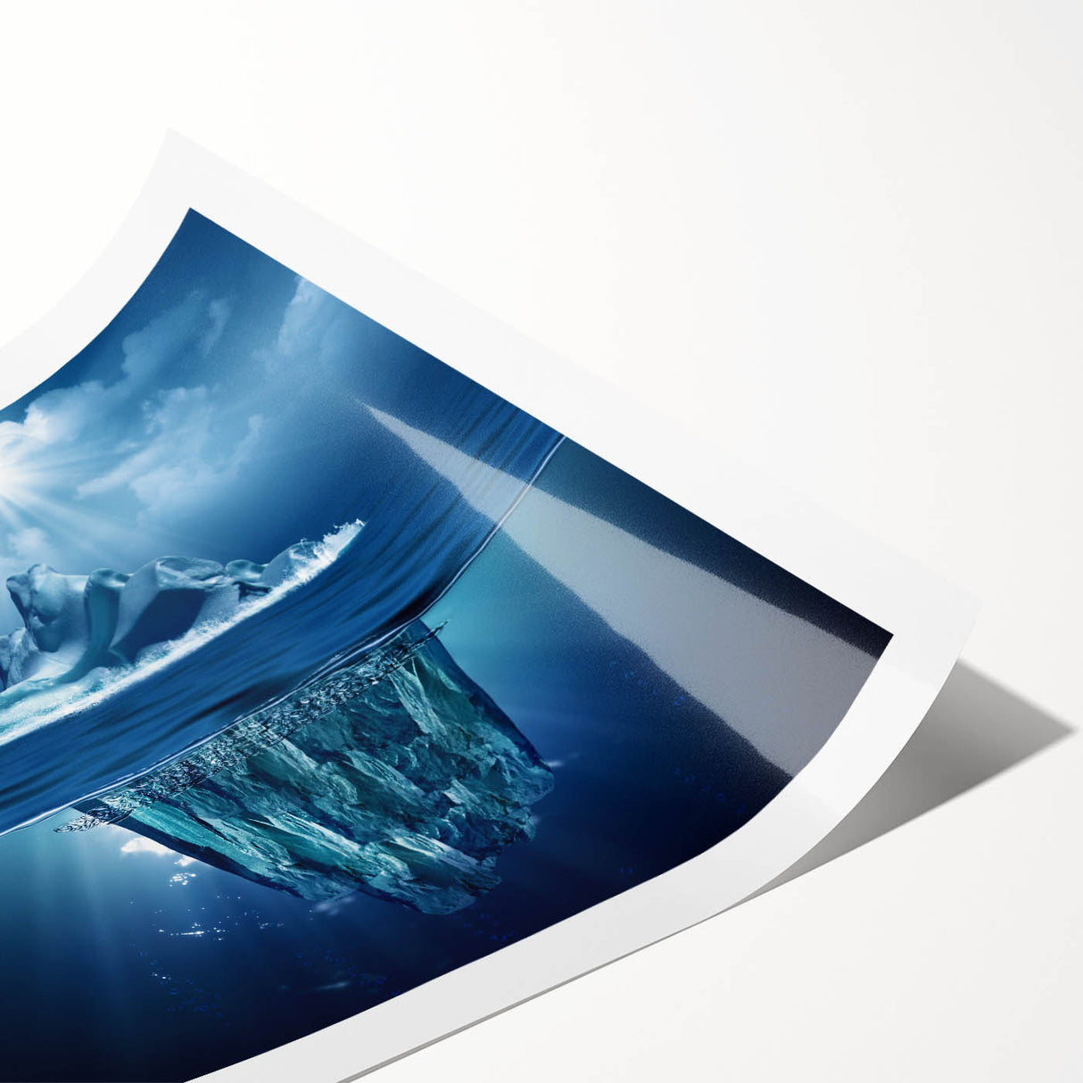 Stunning rolled print showcasing a vibrant iceberg landscape design, featuring bold blues and whites, perfect for modern home decor. Ideal for art enthusiasts and nature lovers.