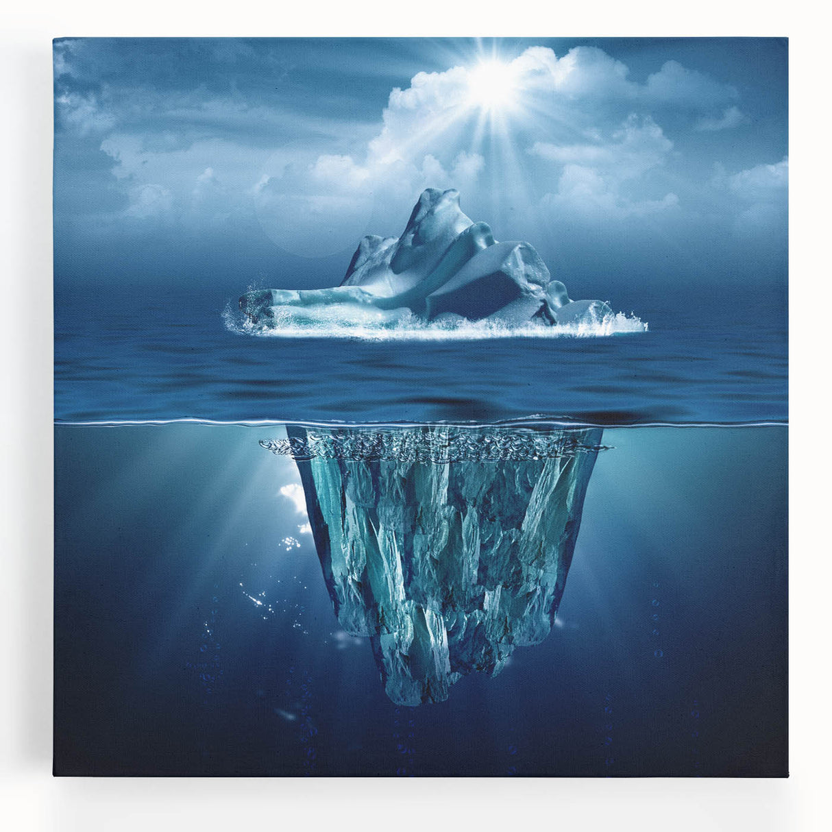 Stretched canvas wall art featuring a stunning iceberg landscape design, showcasing vivid blue and white hues that evoke a sense of tranquility and nature's beauty. Perfect for enhancing modern home decor or office spaces.