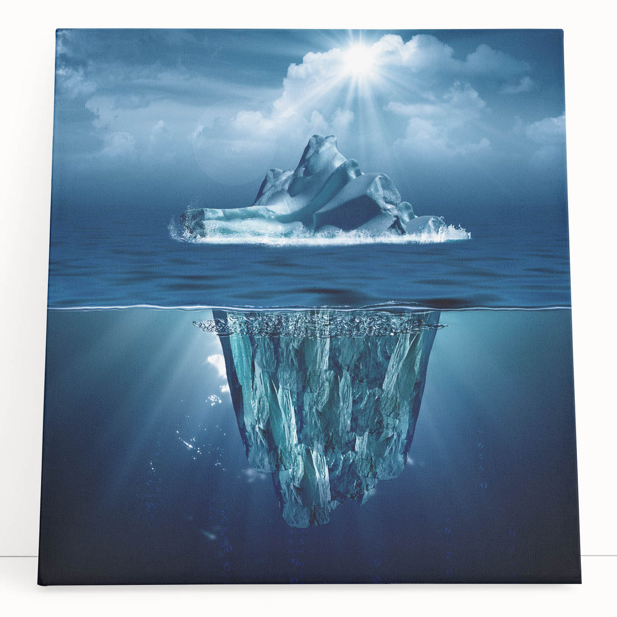 Stretched canvas wall art featuring a stunning iceberg landscape design, showcasing cool blue and white tones, ideal for modern home decor.
