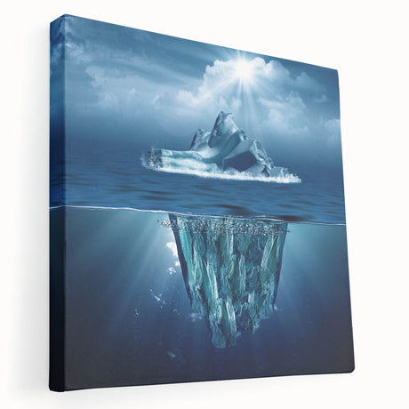 Stretched canvas artwork showcasing a stunning iceberg design in a serene landscape, emphasizing cool blue tones and intricate details, perfect for modern home decor.
