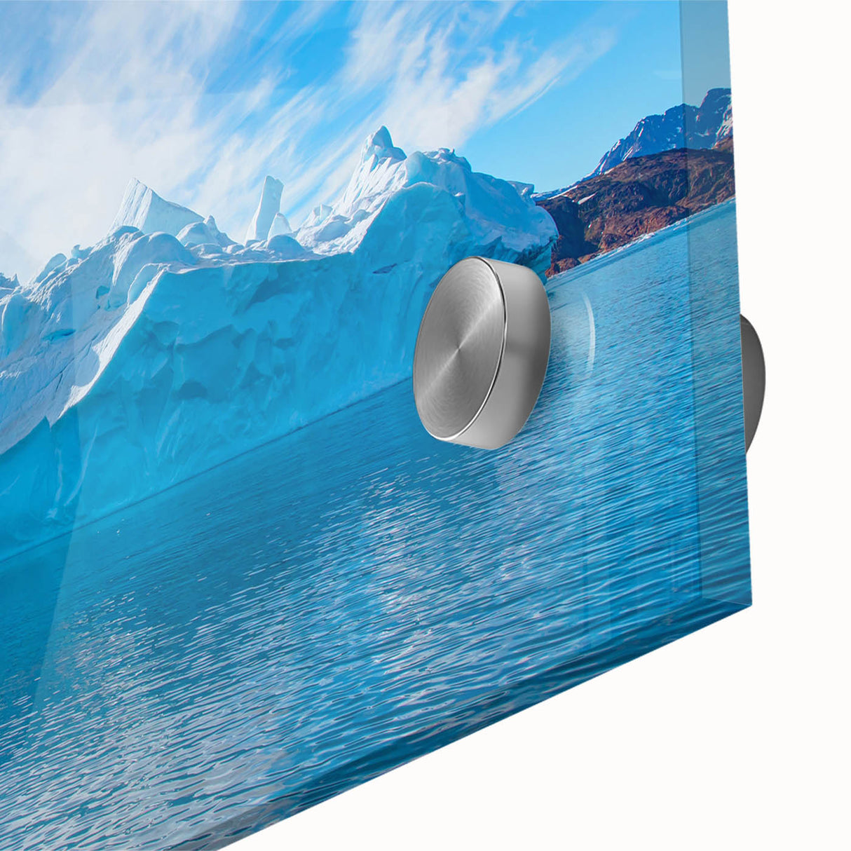 Close-up view of a vibrant acrylic glass wall art piece depicting a stunning iceberg landscape, showcasing intricate details and vivid colors, perfect for modern decor.