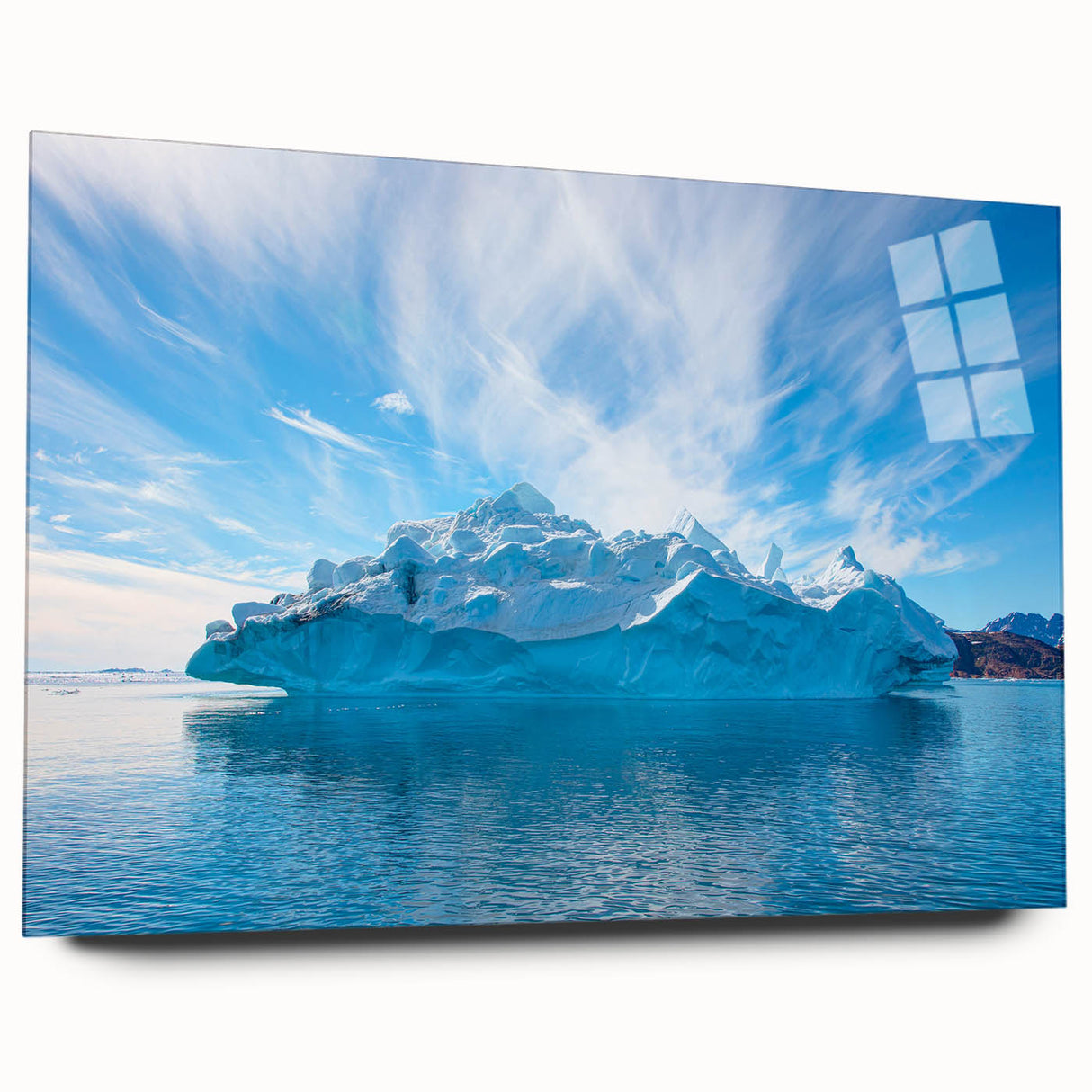 Acrylic glass wall art showcasing a stunning iceberg landscape design, viewed from the side, highlighting its vivid colors and sleek modern aesthetic, perfect for contemporary decor.
