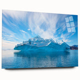 Acrylic glass wall art showcasing a stunning iceberg landscape design, viewed from the side, highlighting its vivid colors and sleek modern aesthetic, perfect for contemporary decor.