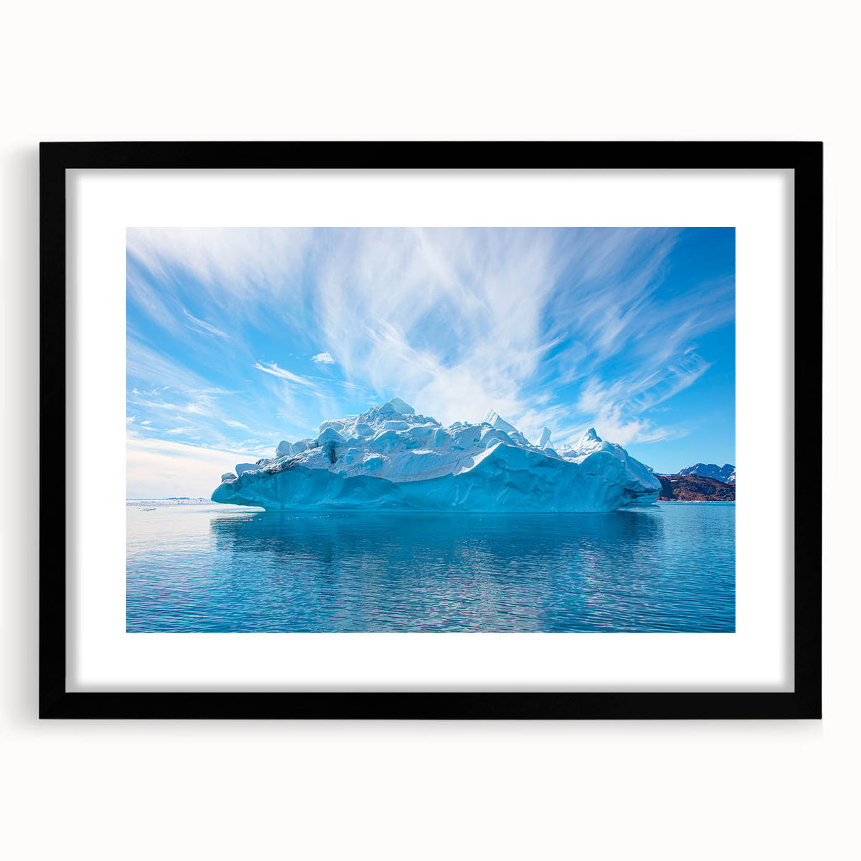 Black-framed wall art featuring a stunning iceberg landscape design, showcasing vibrant blues and whites that evoke a sense of tranquility, ideal for modern decor.