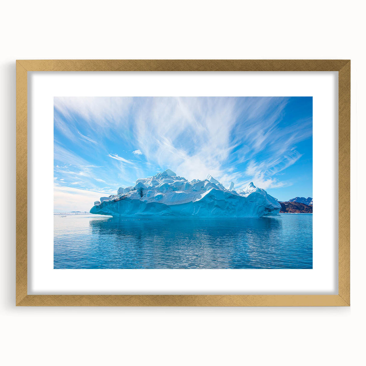 Framed landscape wall art featuring a stunning iceberg design, accented with a gold frame and mat, perfect for modern home decor. Ideal for adding elegance to any space.