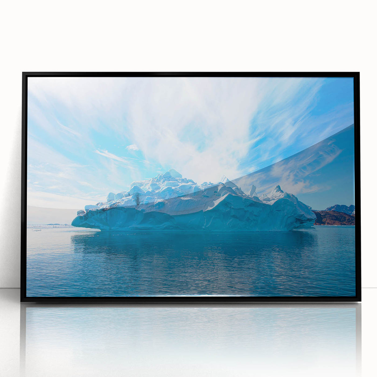 Framed acrylic wall art showcasing a stunning iceberg landscape design with black accents, perfect for modern decor, emphasizing cool blue tones and natural beauty.