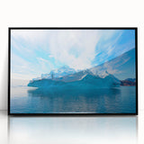 Framed acrylic wall art showcasing a stunning iceberg landscape design with black accents, perfect for modern decor, emphasizing cool blue tones and natural beauty.