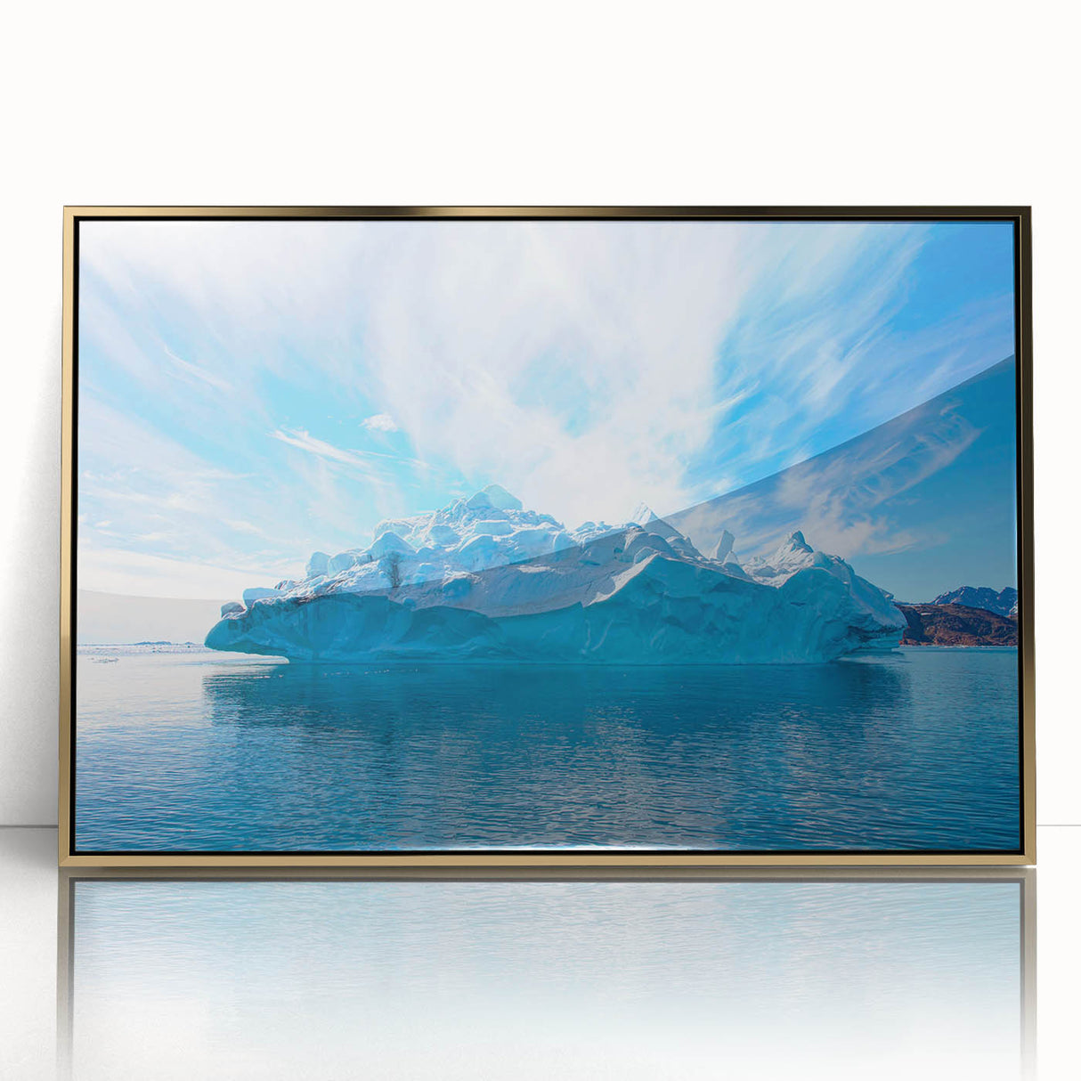 Framed acrylic wall art featuring a stunning iceberg design with gold accents, showcasing a captivating front view that enhances any modern décor.