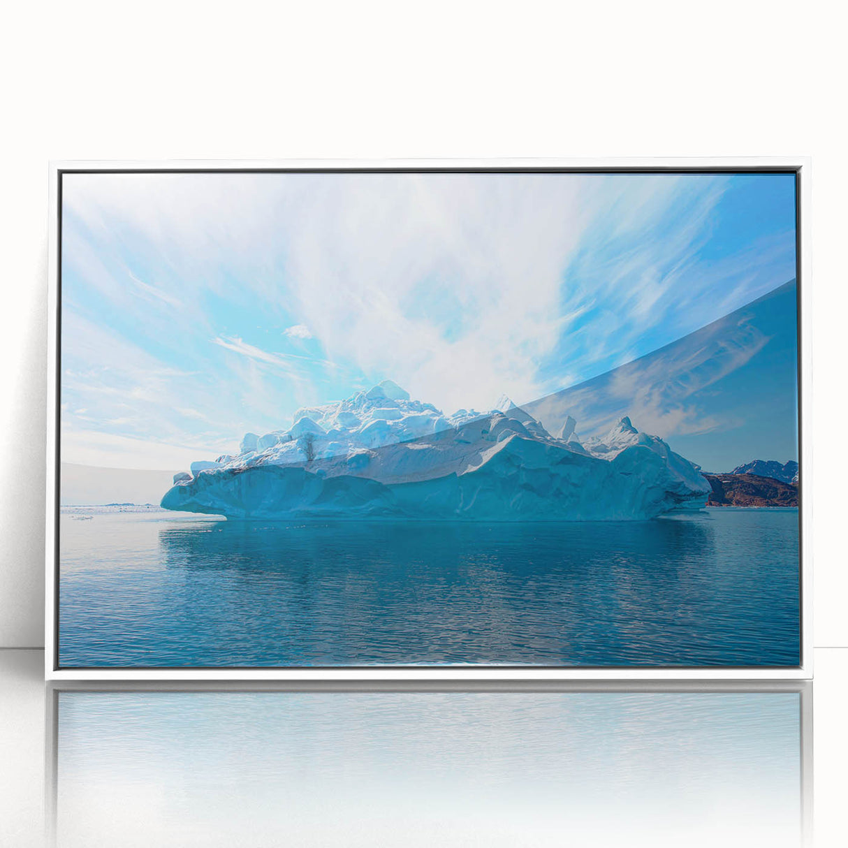 Framed acrylic wall art showcasing a stunning iceberg landscape design, featuring shades of blue and white, perfect for modern home decor. The piece offers a serene and captivating view, enhancing any living space with its cool tones and artistic appeal.
