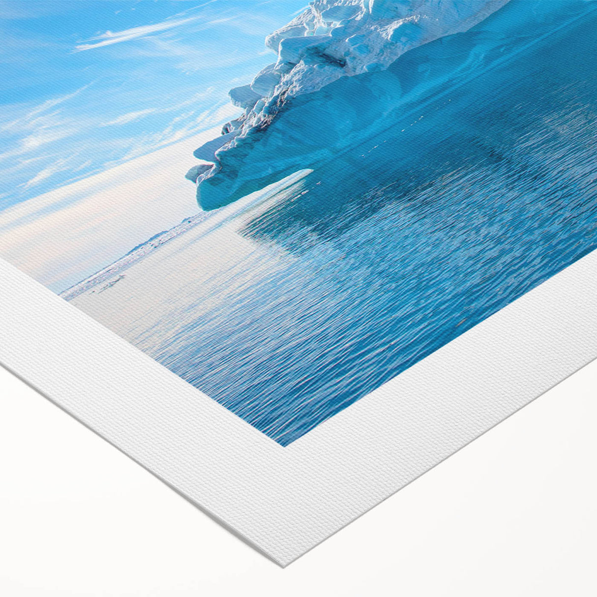 Vibrant rolled canvas wall art depicting a stunning iceberg landscape, showcasing intricate details and cool blue hues, perfect for modern home decor.