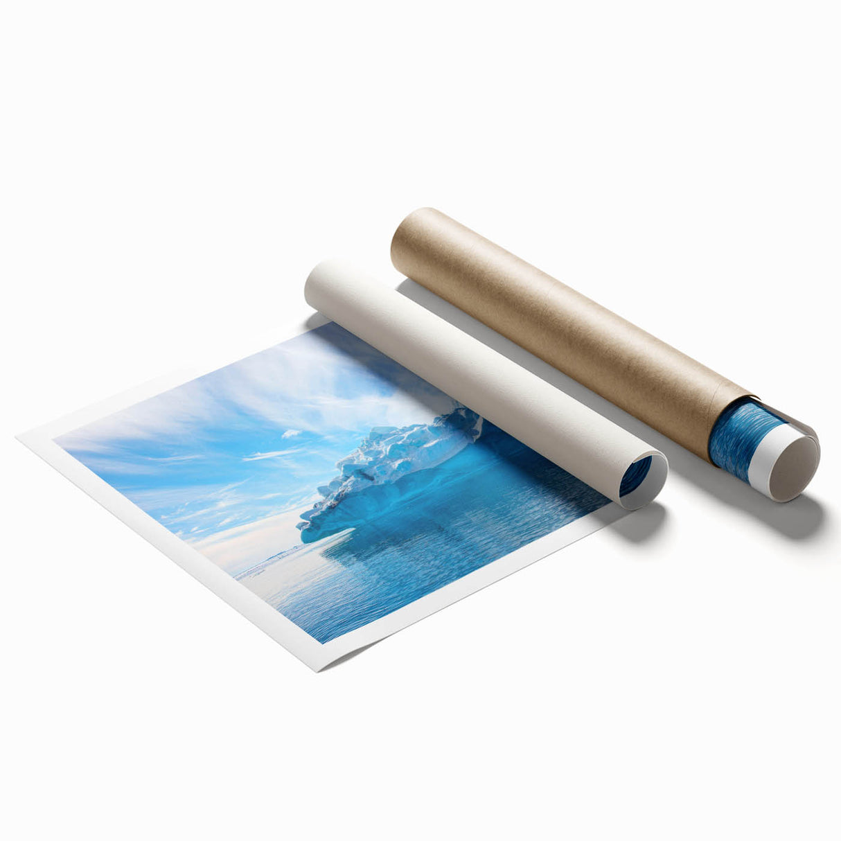 Stunning rolled print of a vibrant iceberg landscape design, showcasing intricate ice formations and a serene blue color palette, perfect for modern wall decor.