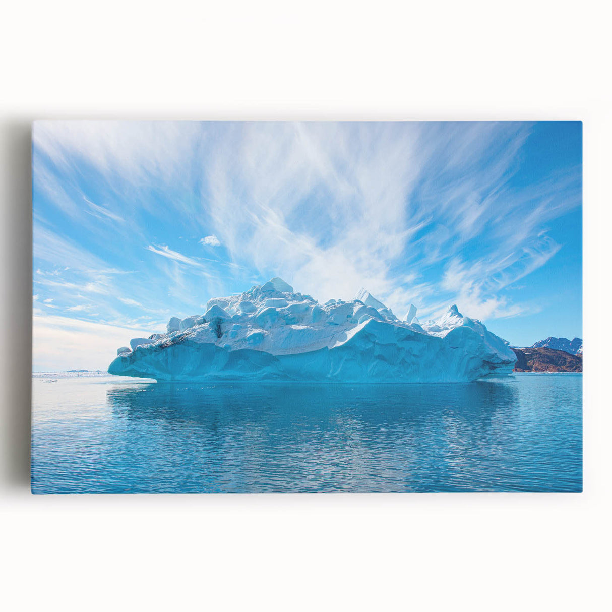Stretched canvas artwork of a serene iceberg landscape design, showcasing cool blue and white tones, ideal for modern home decor. Perfect for adding a tranquil touch to any room.