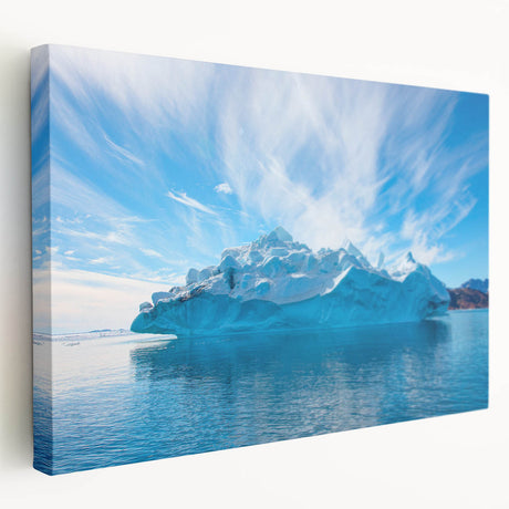 Stretched canvas artwork showcasing a stunning side view of an iceberg landscape design, featuring shades of blue and white, perfect for home decor enhancement.