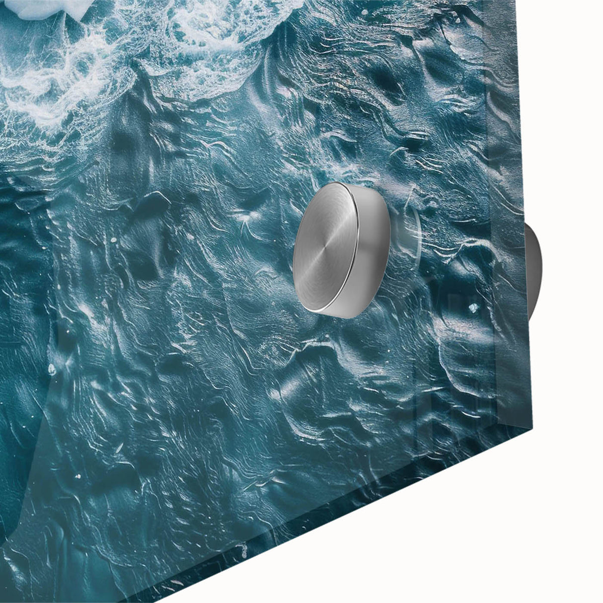 Close-up of an acrylic glass wall art piece showcasing a stunning iceberg landscape design with vibrant blue and white hues, perfect for modern home decor.