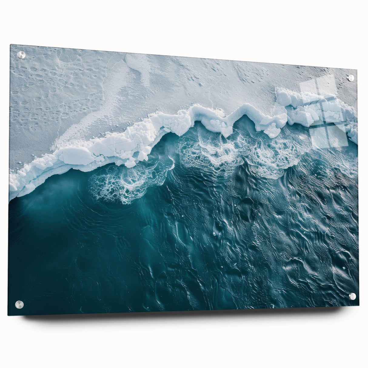 Acrylic glass wall art featuring a stunning iceberg landscape design, displayed in a side view with sleek pins. Ideal for modern decor and nature enthusiasts.
