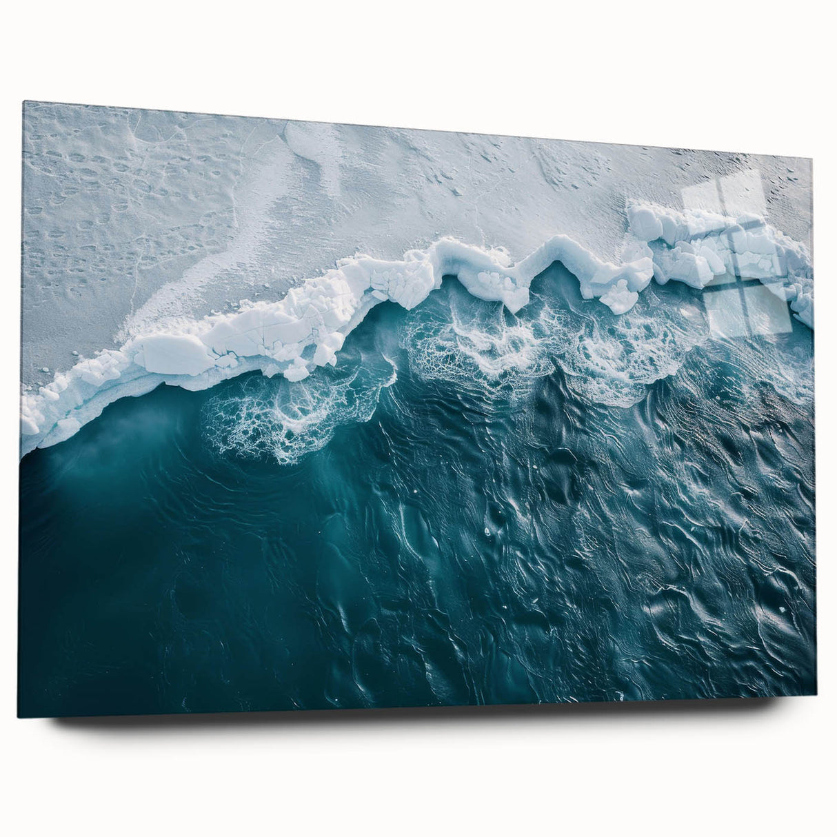 Acrylic glass wall art featuring a stunning iceberg landscape design, showcasing vibrant blues and whites, ideal for modern home decor or office spaces.